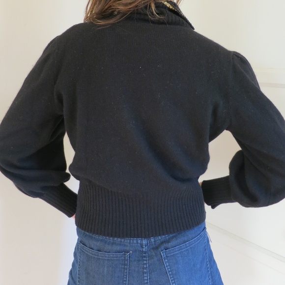 Vintage Clover 1980s Wool + Angora Black Sweater Red Gold Floral Embroidery Med - Picture 4 of 12